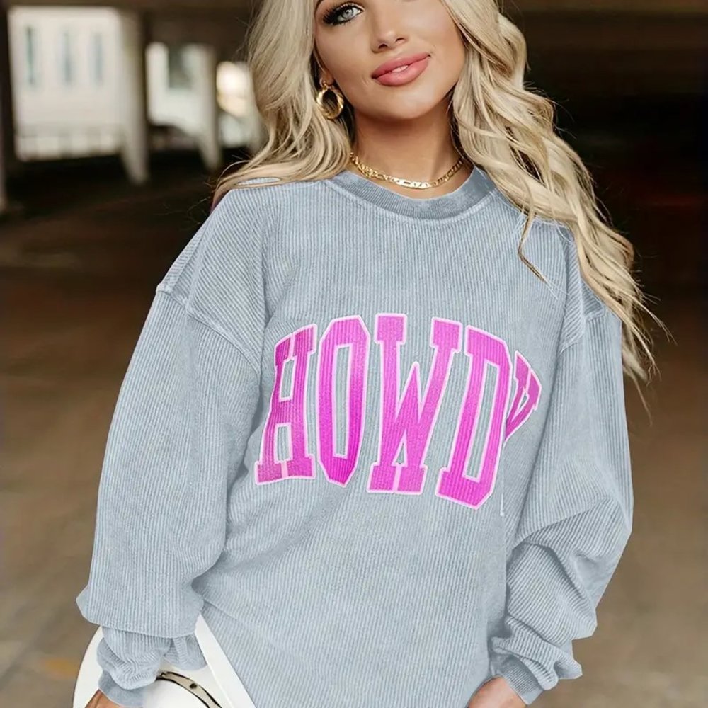 {NEW} Western Boho "HOWDY" Sweatshirt Gray Medium - Picture 3 of 4